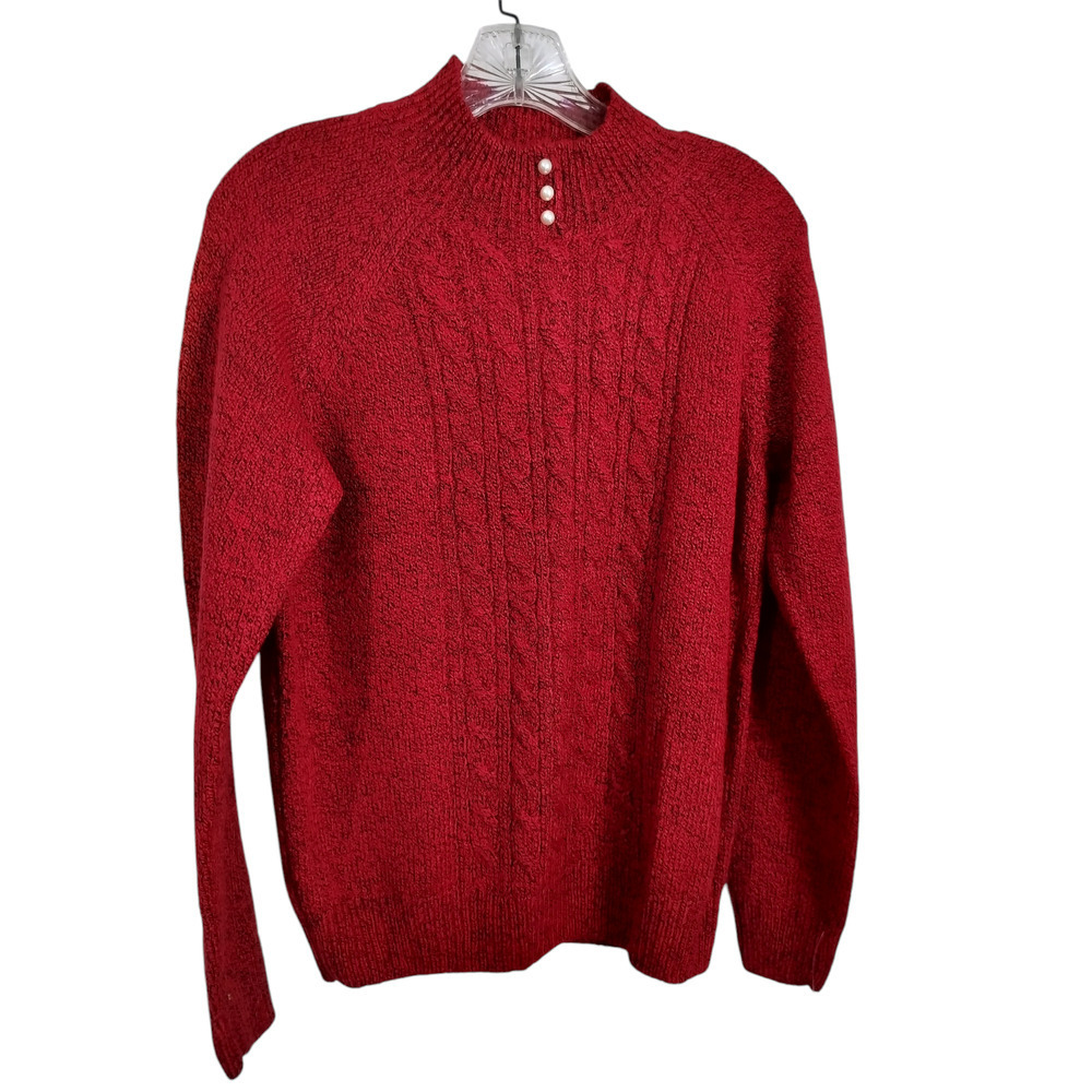3199)Karen Scott Marl Red Pearl Button Mock eck Pullover Knit Sweater Size Small